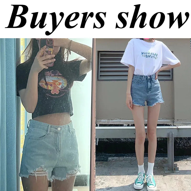 Lucyever Summer Denim Shorts Women Korean Fashion Ripped Holes High Waist Short Jeans Female Casual Street Wide Leg Short Pants