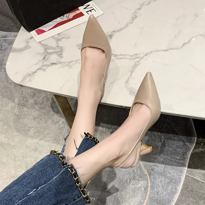 Summer Fashion New Pointed Toe Stiletto Heel Shallow Mouth Breathable PU Comfortable and Elegant Women's Shoes Sexy Sandals