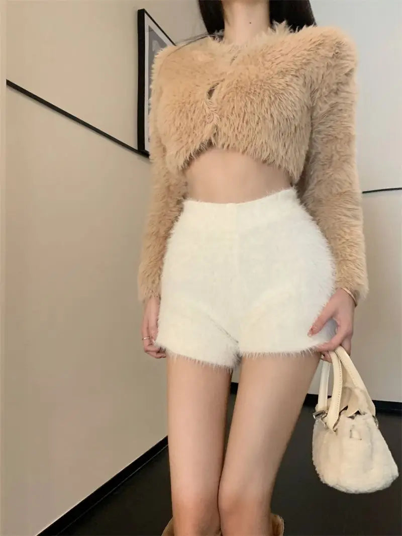 Warm Fluffy Shorts for Women High Waist Autumn Winter Korean Style Fashion Elegant Hot Sweet Female All-match Street Wear Mujer