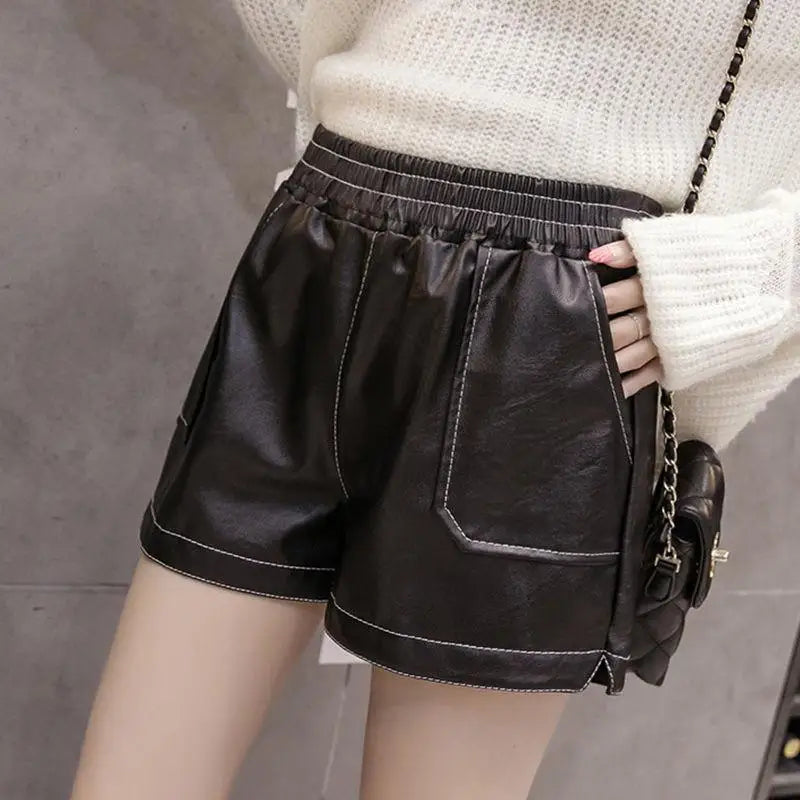 Shorts Women Ulzzang Chic Elastic Waist Pockets Loose Simple Pure Black Trendy Ins PU Leather Fall Casual 3XL Female All-match