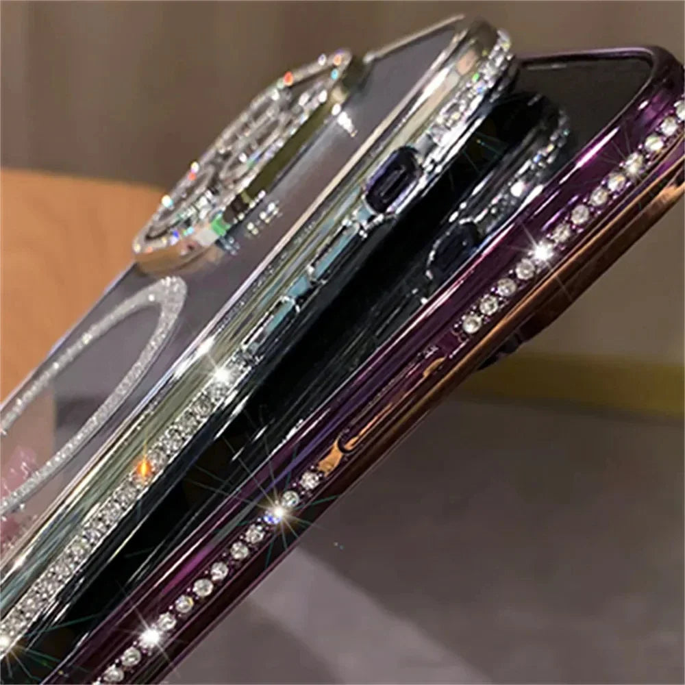 2024 New Fashion Glitter Diamond Transparent Case For iPhone 16 15 14 Plus 13 12 11 Pro Max Magnetic Wireless Charge Back Cover