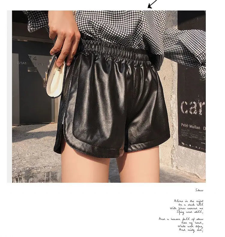 Shorts Women Ulzzang Chic Elastic Waist Pockets Loose Simple Pure Black Trendy Ins PU Leather Fall Casual 3XL Female All-match