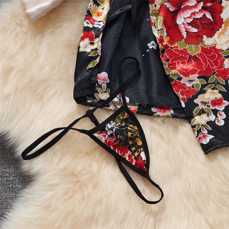 Japanese Sexy Print Kimono Slim Fit V-Neck Nightgown Loose Petal Sleeves Women's Erotic Lingerie Mini Irregular Patchwork Dress