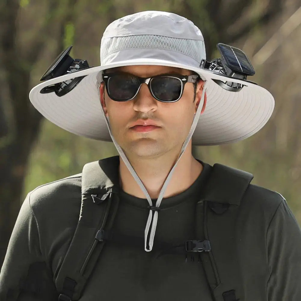 Men Fisherman Hat With 2 Solar Fan Windproof Strap USB Charging Anti-UV Large Brim Fan Sun Hat Sunlight Protection Fan Cap
