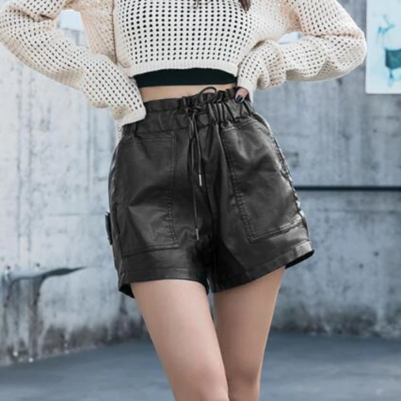 Shorts Women Ulzzang Chic Elastic Waist Pockets Loose Simple Pure Black Trendy Ins PU Leather Fall Casual 3XL Female All-match