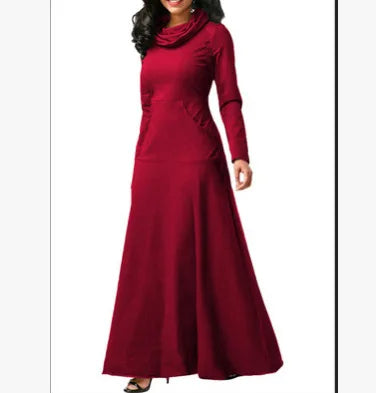 Autumn Winter Solid Color Splicing Pocket Neck Large Pendant Long Dress 2024 Casual Women's High Waist Long Sleeve Maxi Dresses