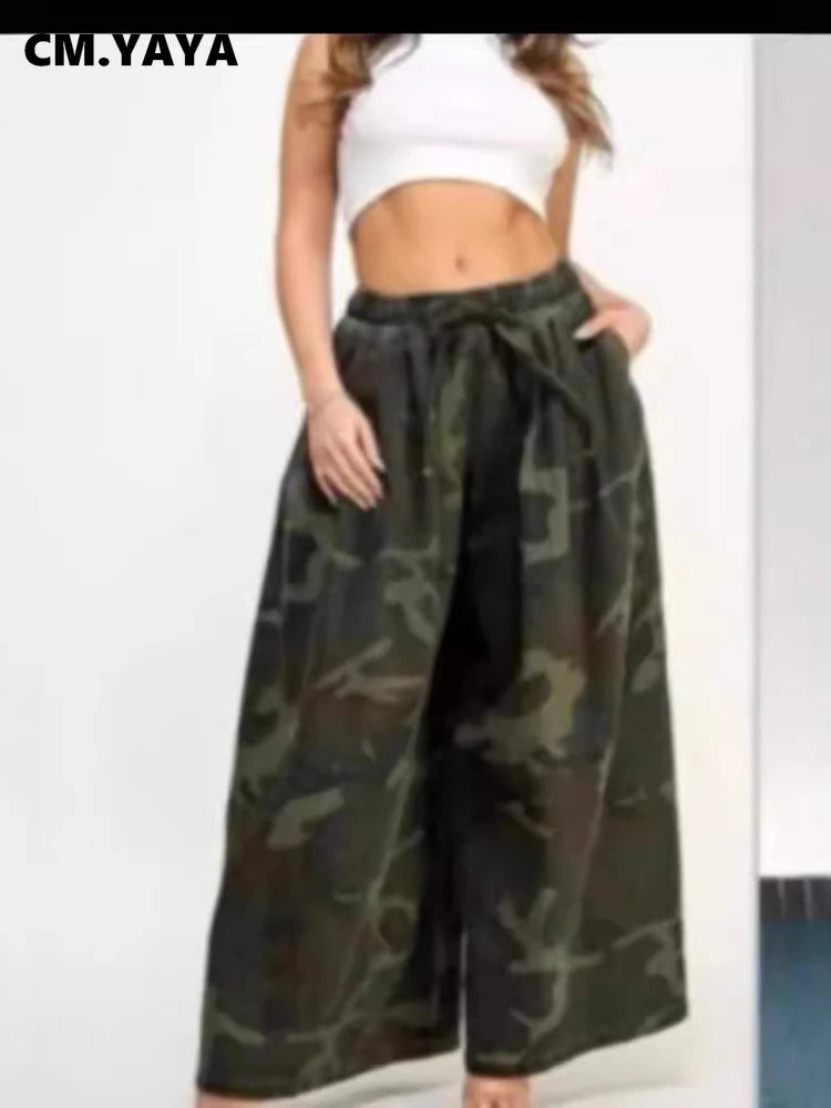 CM.YAYA Women Fashion Camouflage Print Wide Leg Jogger Pants 2024 Fall Streetwear Straight High Waist Cargo Trousers Sweatpants