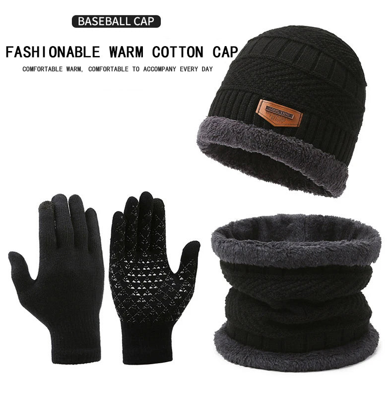 Men's Windproof Hat Outdoor Travel Leisure Winter Scarf Gloves Three-Piece Neck One Plus Cashmere Warm Winter Knitted Hat