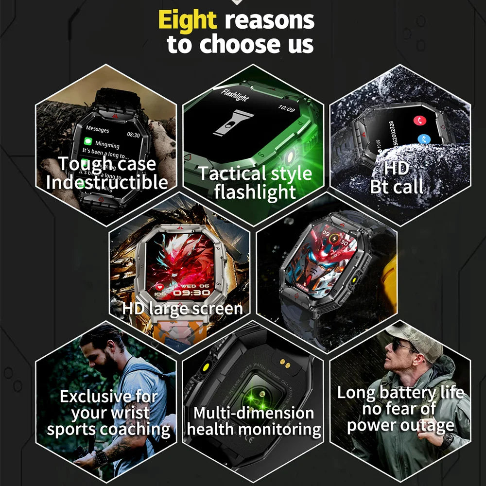2024 New Rugged Military With LED Flashlight Smart Watch Men Heart Rate Bluetooth Call Waterproof Outdoor SmartWatch For Xiaomi