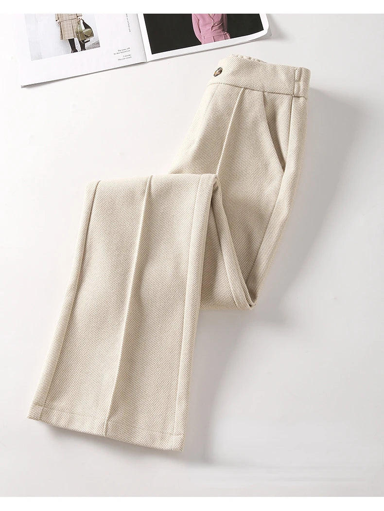 Herringbone Woolen Women's Pants Autumn and Winter 2024 New Elastic Waist Flare Pants Fashion Warm Comfort Black Trousers Women