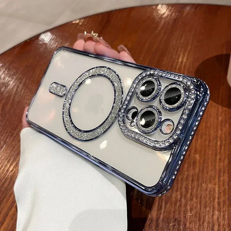 2024 New Fashion Glitter Diamond Transparent Case For iPhone 16 15 14 Plus 13 12 11 Pro Max Magnetic Wireless Charge Back Cover