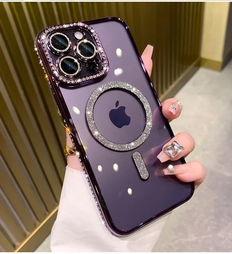 2024 New Fashion Glitter Diamond Transparent Case For iPhone 16 15 14 Plus 13 12 11 Pro Max Magnetic Wireless Charge Back Cover