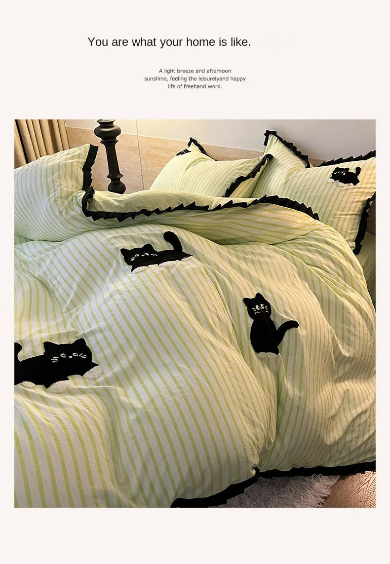 Korean Style Bedding Set Green Strip Black Cat Embroidery Washed Cotton  Duvet Cover Cute Cardboard  Bed linen Comforter Sets