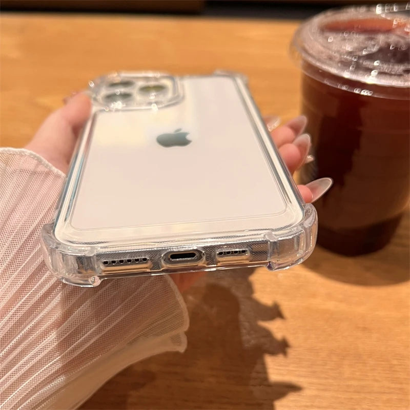 Shockproof Phone Case for iPhone 11 12 13 14 15 16 Pro Max Plus Transparent Bumper Acrylic Hard Back Cover Silver Button