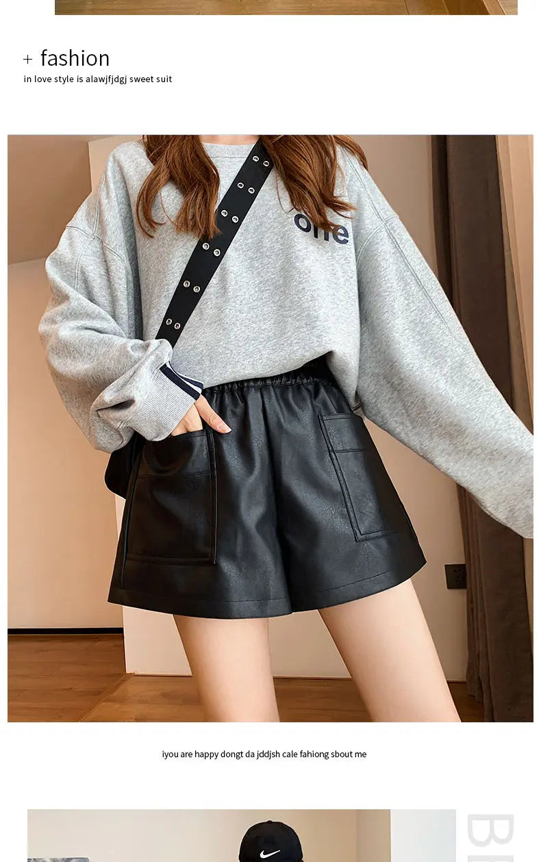 Shorts Women Ulzzang Chic Elastic Waist Pockets Loose Simple Pure Black Trendy Ins PU Leather Fall Casual 3XL Female All-match