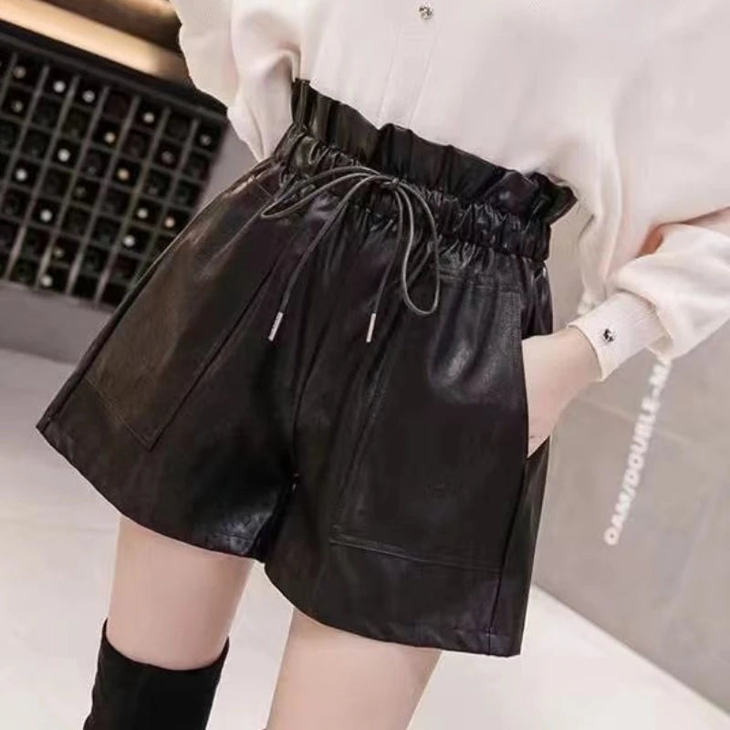 Shorts Women Ulzzang Chic Elastic Waist Pockets Loose Simple Pure Black Trendy Ins PU Leather Fall Casual 3XL Female All-match
