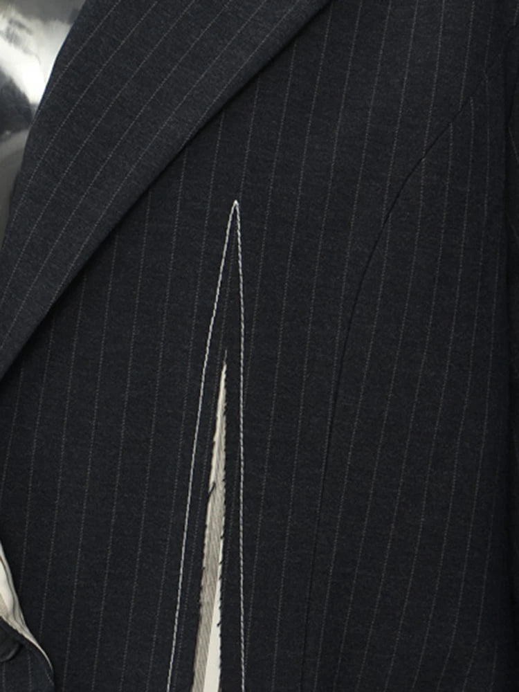 [EAM] Women Navy Blue Striped Irregular Elegant Blazer New Lapel Long Sleeve Jacket Fashion Tide Spring Autumn 2024 1DH5930