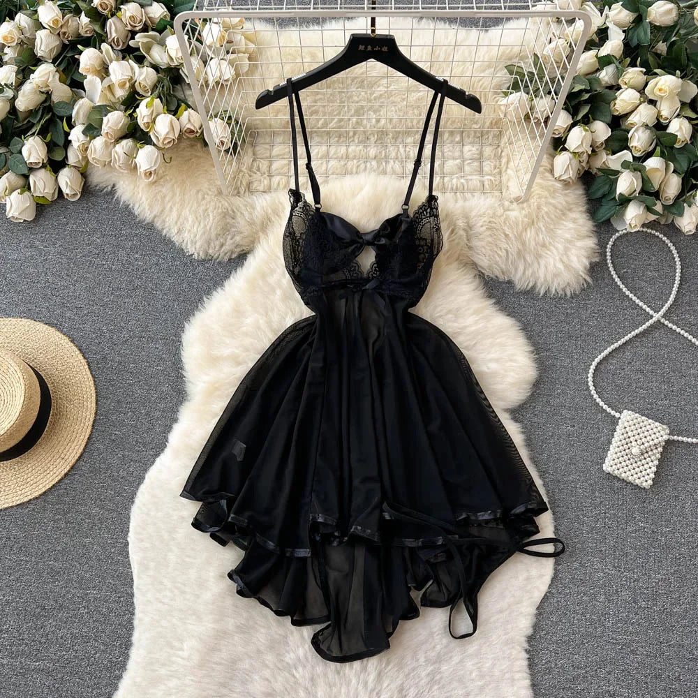 Japanese Sexy Print Kimono Slim Fit V-Neck Nightgown Loose Petal Sleeves Women's Erotic Lingerie Mini Irregular Patchwork Dress
