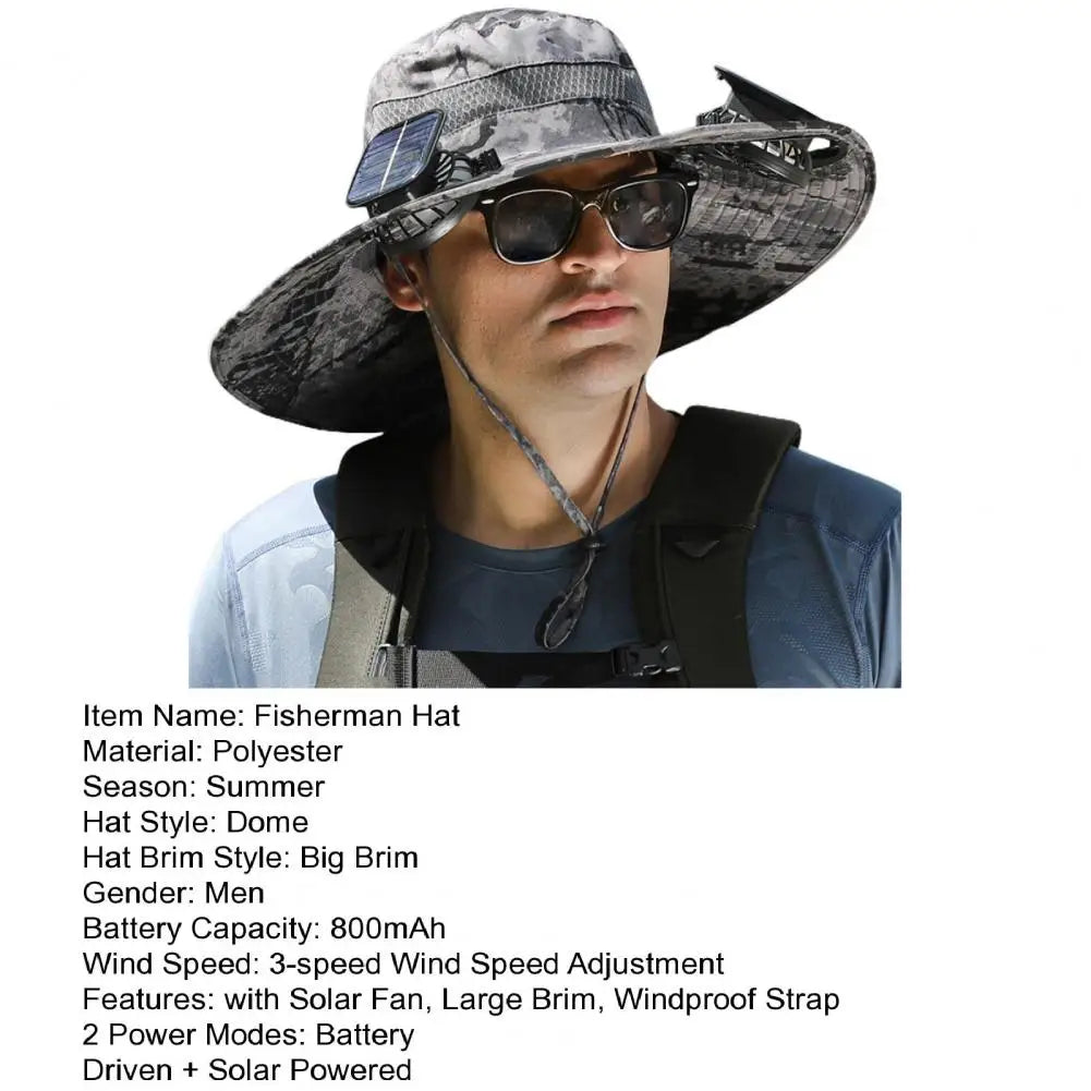 Men Fisherman Hat With 2 Solar Fan Windproof Strap USB Charging Anti-UV Large Brim Fan Sun Hat Sunlight Protection Fan Cap