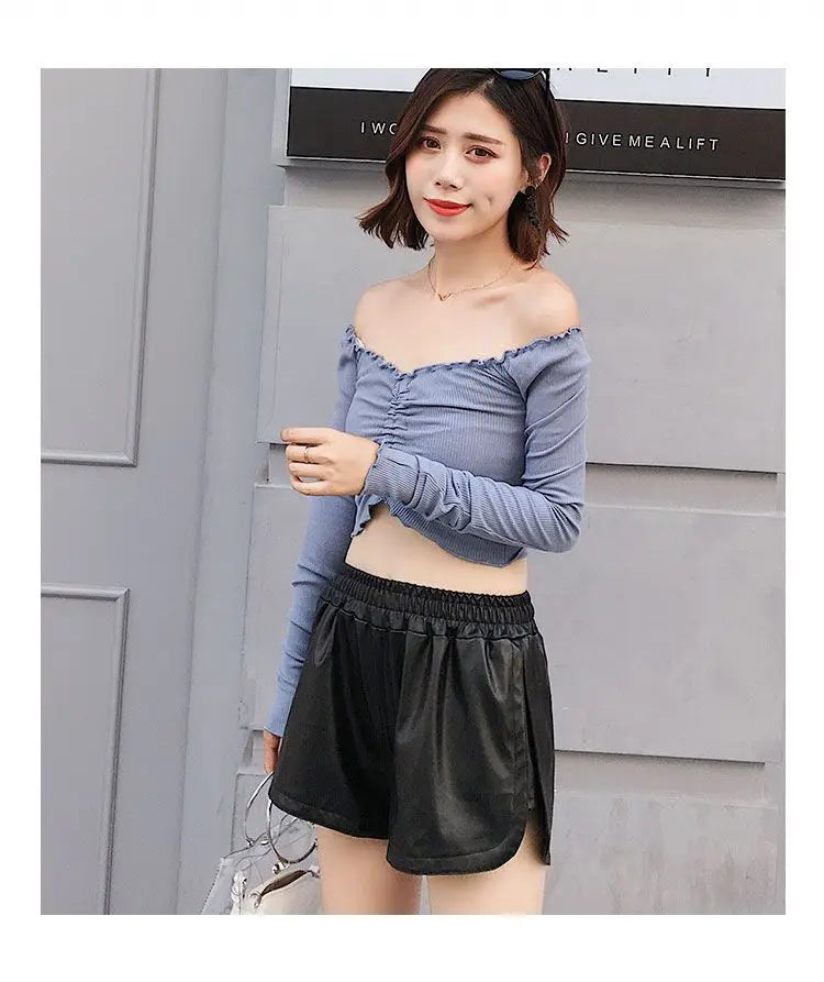 Shorts Women Ulzzang Chic Elastic Waist Pockets Loose Simple Pure Black Trendy Ins PU Leather Fall Casual 3XL Female All-match