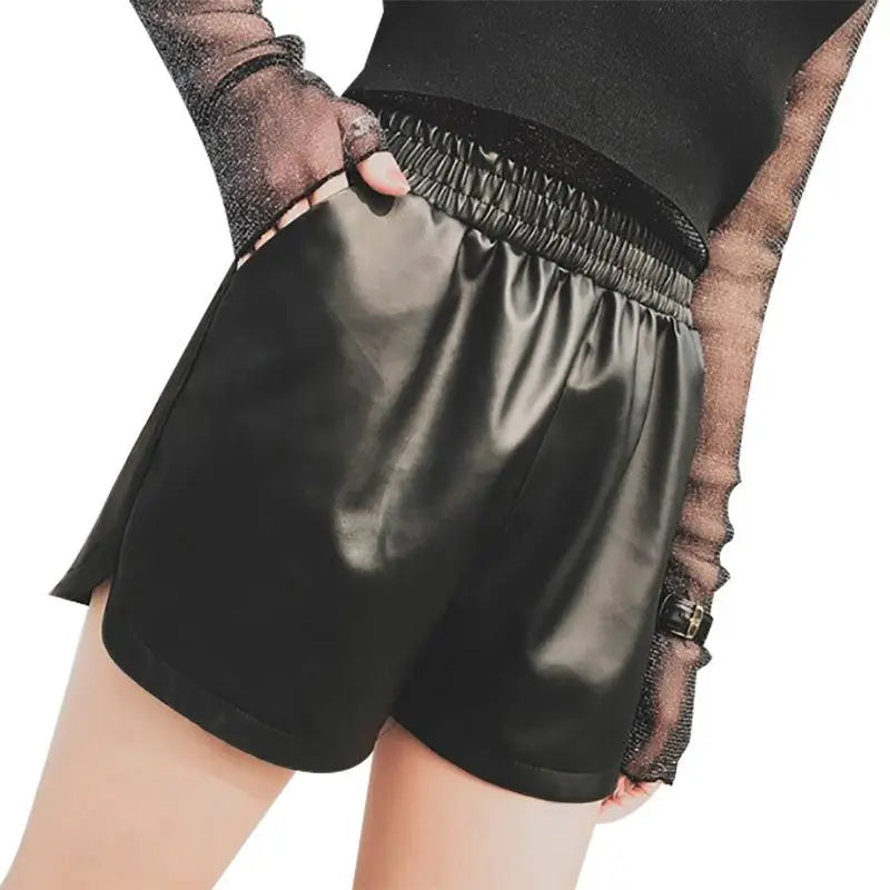 Shorts Women Ulzzang Chic Elastic Waist Pockets Loose Simple Pure Black Trendy Ins PU Leather Fall Casual 3XL Female All-match