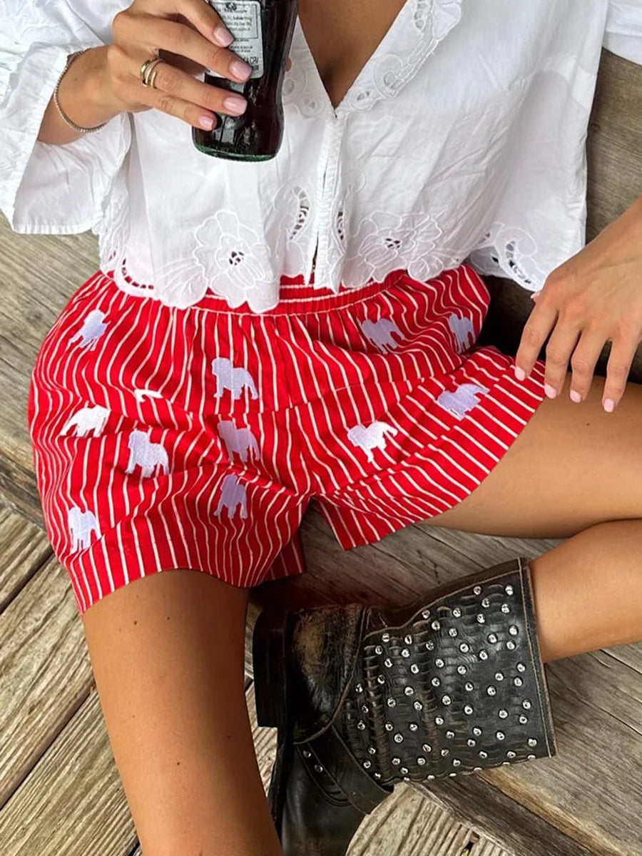 Combhasaki Womens Summer Y2K Plaid/Stripe Loose Fit Shorts Aesthetic Glass/Animal Elastic High Waist Wide Leg Loungewear Bottoms
