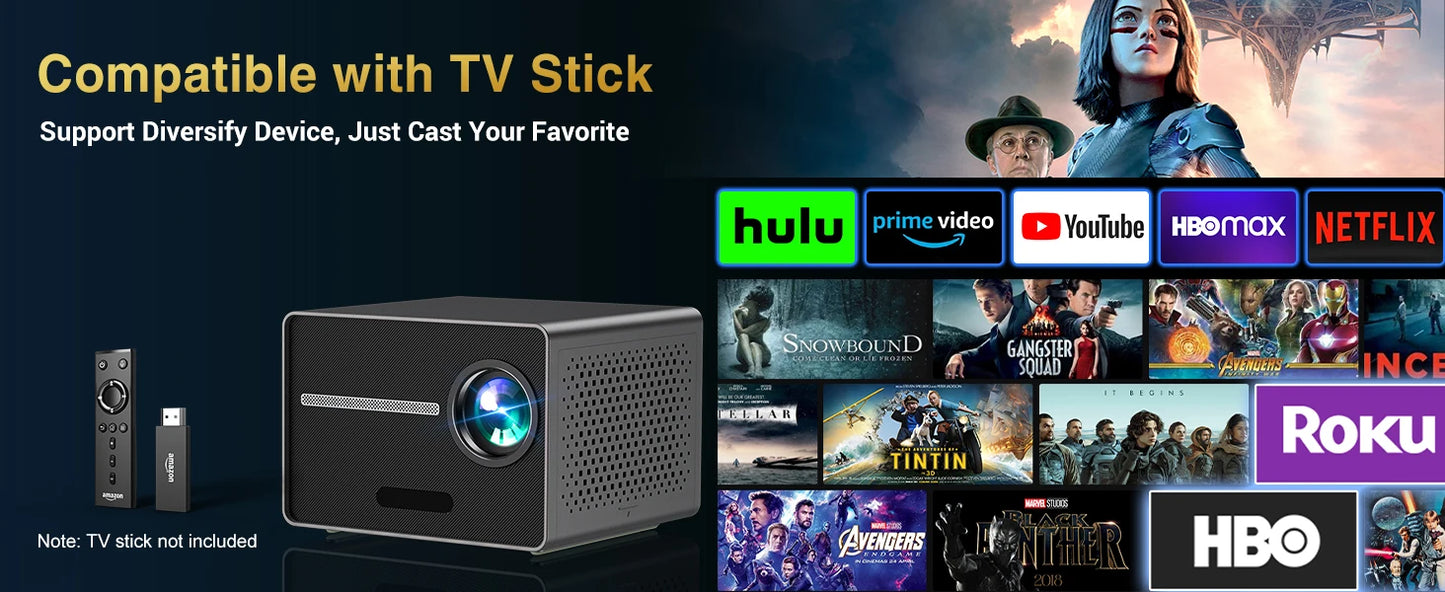 HAPPRUN Electric Focus Mini 1080P Bluetooth Projector, 200" Outdoor Movie Support, Compatible with Smartphone/HDMI/USB/PS5