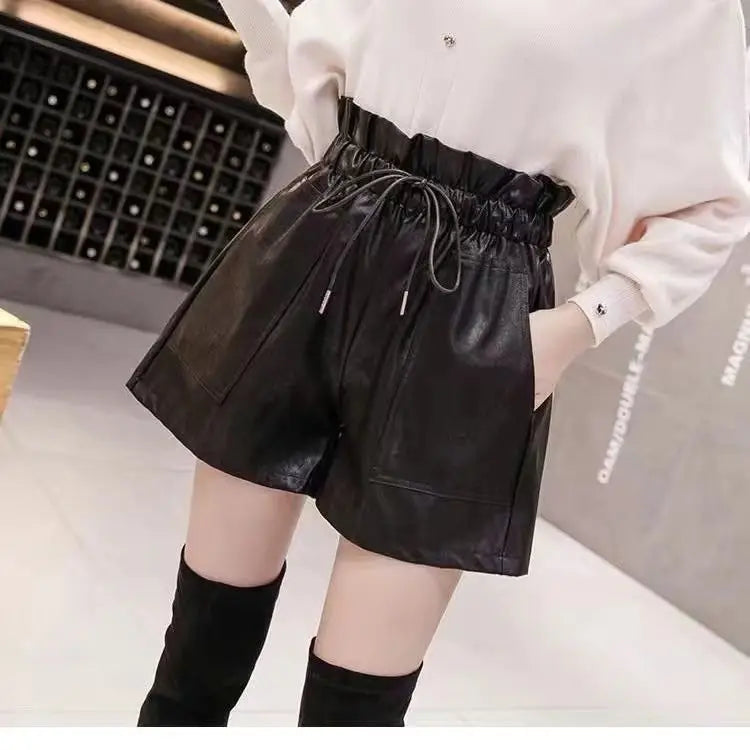 Shorts Women Ulzzang Chic Elastic Waist Pockets Loose Simple Pure Black Trendy Ins PU Leather Fall Casual 3XL Female All-match