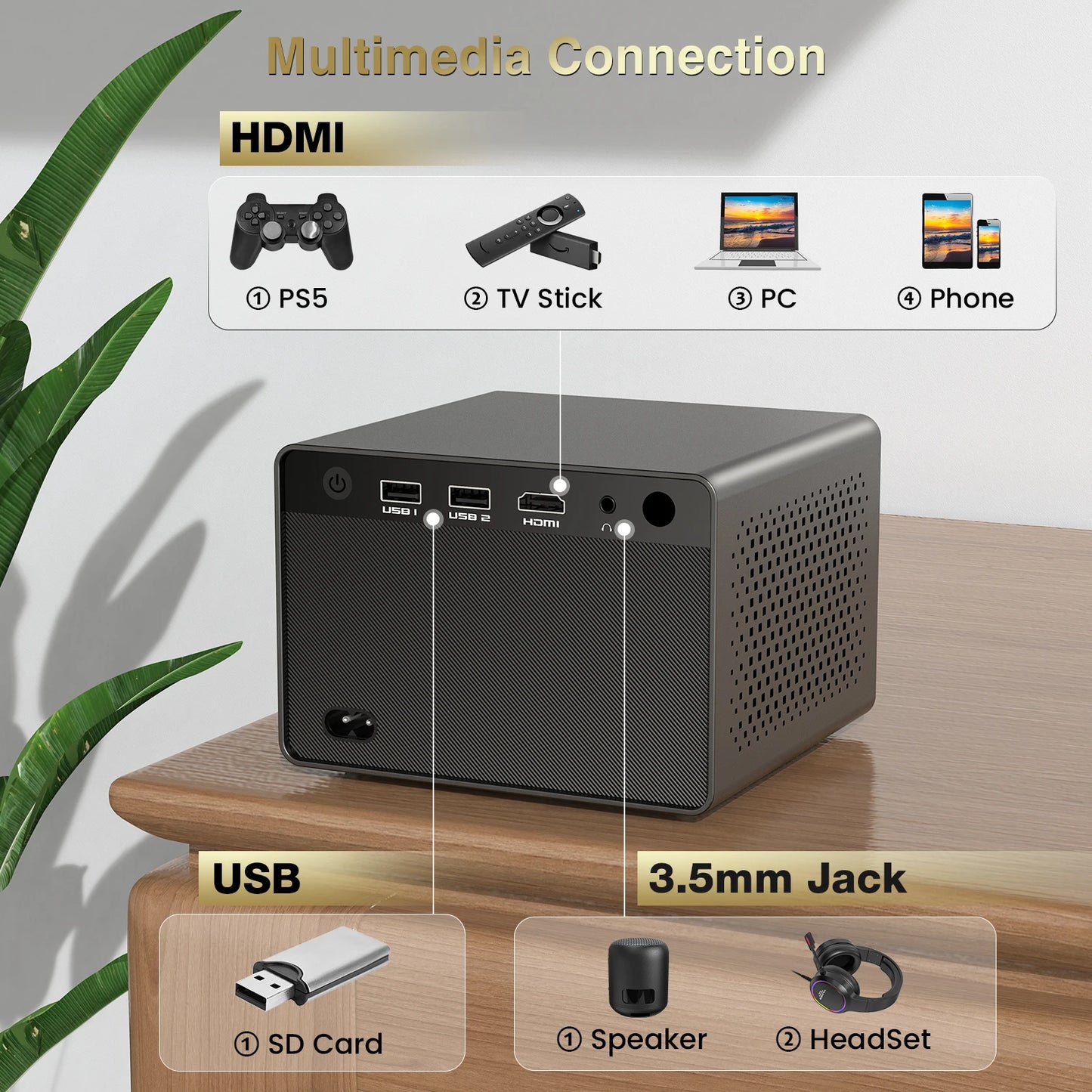 HAPPRUN Electric Focus Mini 1080P Bluetooth Projector, 200" Outdoor Movie Support, Compatible with Smartphone/HDMI/USB/PS5