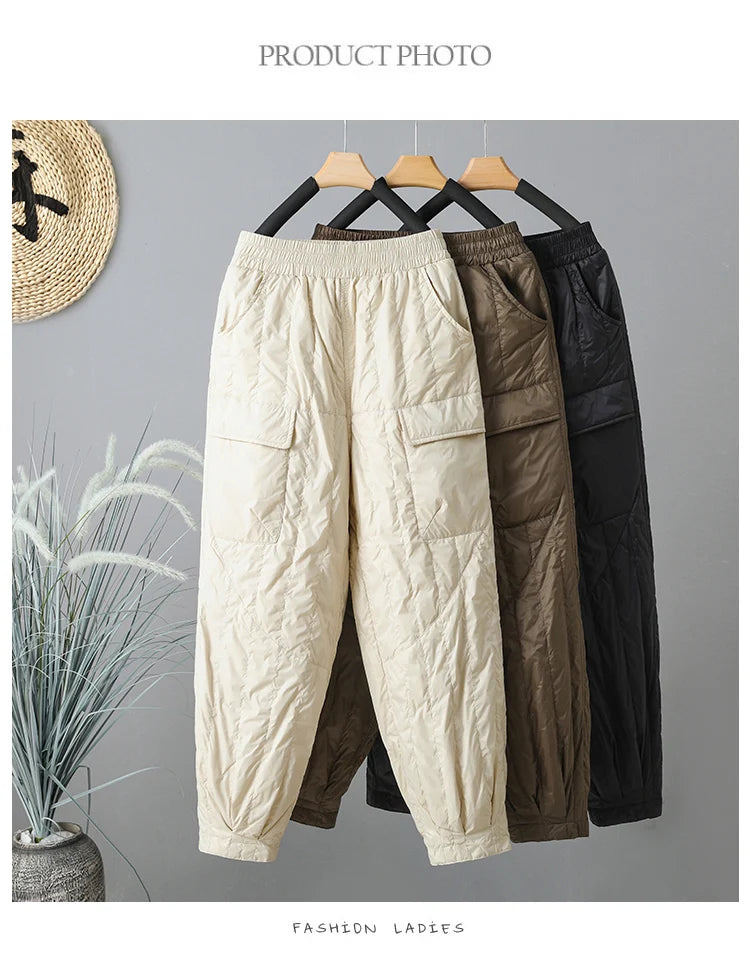 Elegant Light Weight Warm Down Cotton Trousers 2024 New Winter Outerwear Work Trousers Windproof Quilted Harem Pants for Women