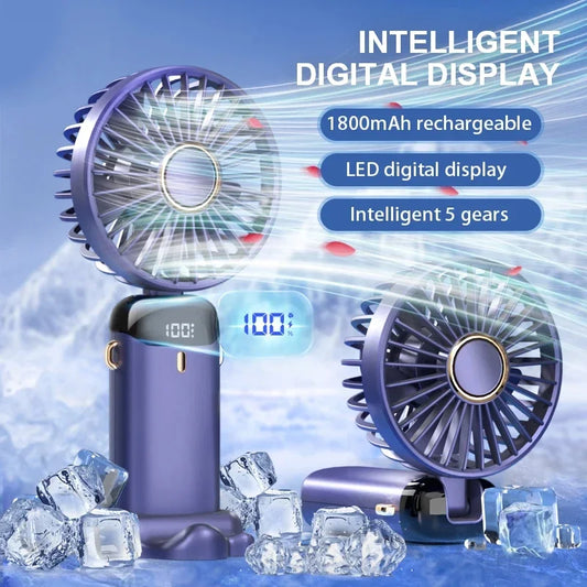 Handheld Mini Fan Foldable Portable Neck Hanging Fans 5 Speed USB Rechargeable Fan with Phone Stand and Display Screen 1800mAh