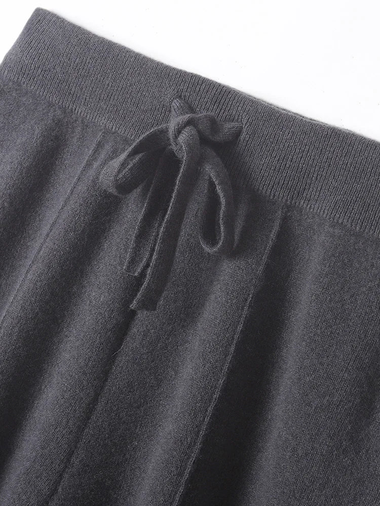Women 100% Merino Wool Knitted Wide Leg Pants Autumn Winter Basic Soft Warm Cashmere Knit Trousers Casual Simple Style Korean