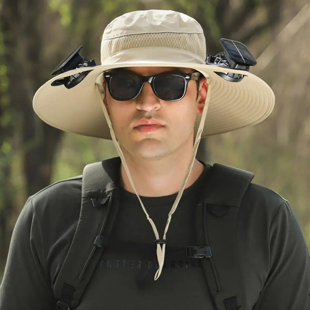 Men Fisherman Hat With 2 Solar Fan Windproof Strap USB Charging Anti-UV Large Brim Fan Sun Hat Sunlight Protection Fan Cap