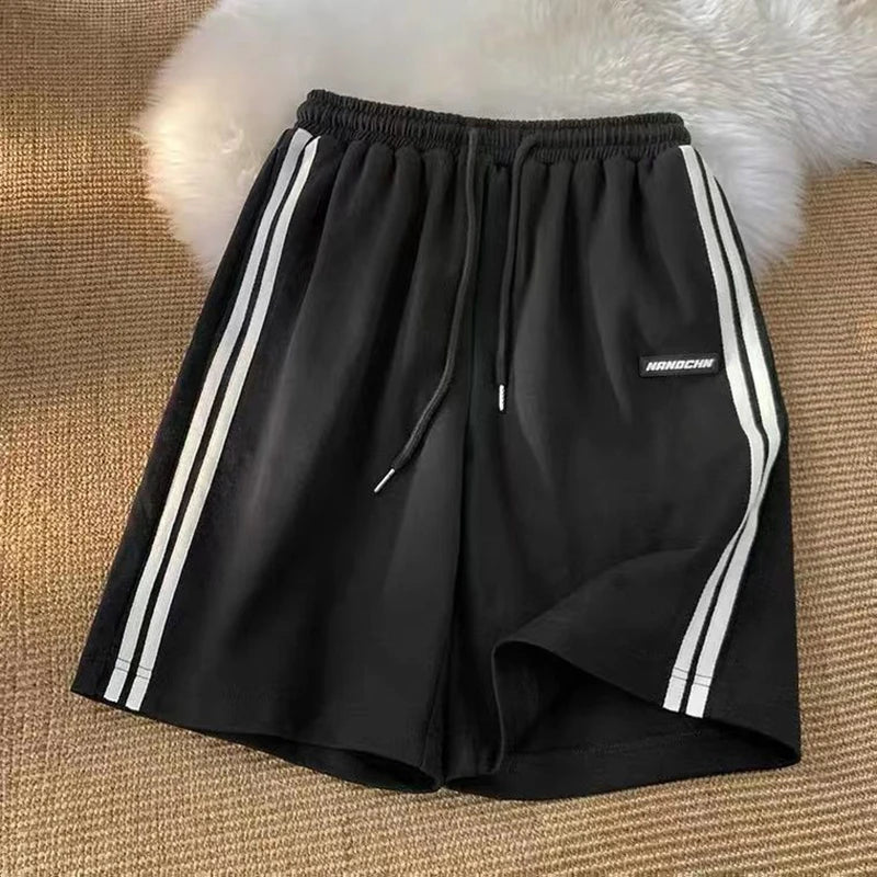 Striped Shorts Women Summer Streetwear Loose Wide Leg Shorts Y2K Korean Oversized Casual Elastic High Waist Sports Shorts Bf