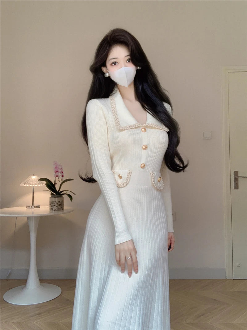 New Women French Knitted Dress Autumn Winter Slim A-line Lapel Casual Knitted Dresses Ladies Elegant Long Sleeve Midi Dress