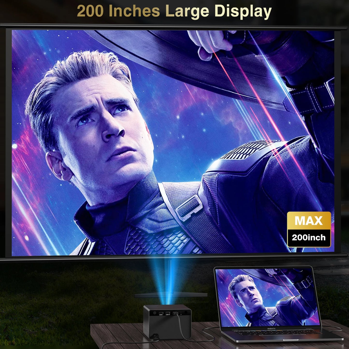 HAPPRUN Electric Focus Mini 1080P Bluetooth Projector, 200" Outdoor Movie Support, Compatible with Smartphone/HDMI/USB/PS5