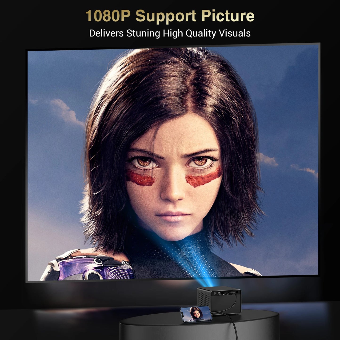 HAPPRUN Electric Focus Mini 1080P Bluetooth Projector, 200" Outdoor Movie Support, Compatible with Smartphone/HDMI/USB/PS5