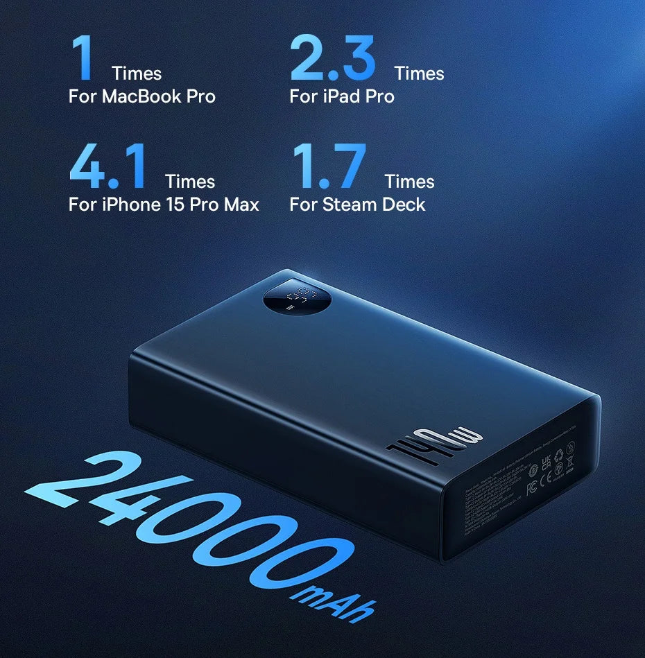 Baseus 140W Power Bank 24000mAh Fast Charging Portable Battery Charger 3 Output Ports for iPhone 16 Pro Max Notebook Tablet