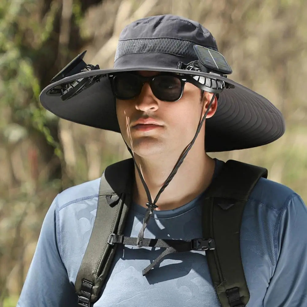 Men Fisherman Hat With 2 Solar Fan Windproof Strap USB Charging Anti-UV Large Brim Fan Sun Hat Sunlight Protection Fan Cap