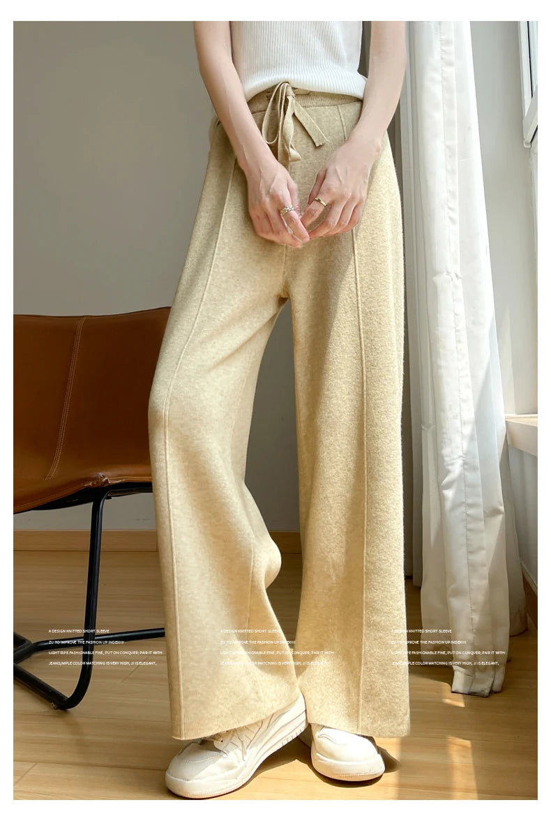 2024 Women's Cashmere Pants Sports Pants Women's Autumn and Winter High Waist Drawstring Warm Pants Knitted Cashmere Warm Pants