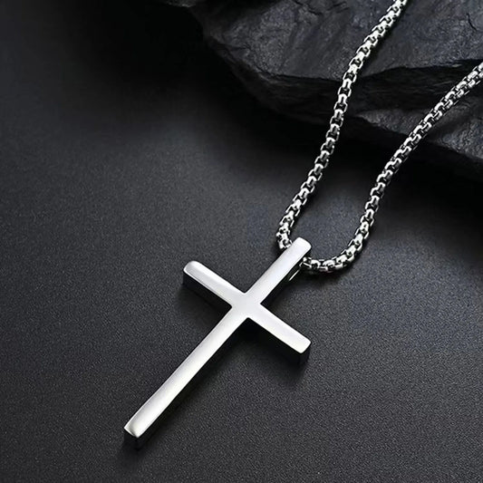 Vnox Cross Necklace for Men Women, Silver Color Plain Cross Pendant Collar with Stainless Steel Box Chain