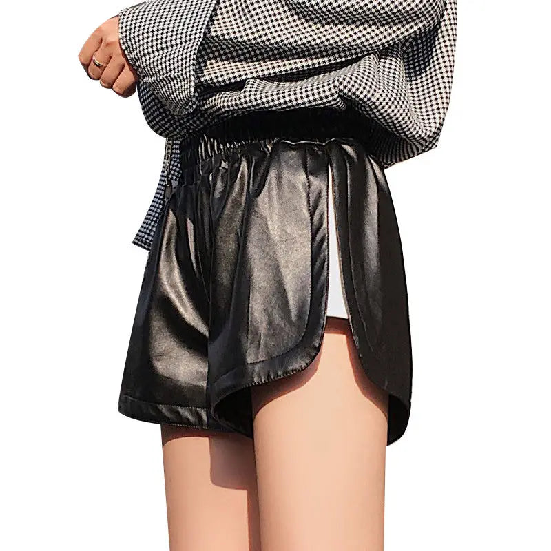 Shorts Women Ulzzang Chic Elastic Waist Pockets Loose Simple Pure Black Trendy Ins PU Leather Fall Casual 3XL Female All-match