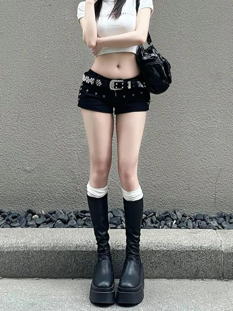 Hotsweet High Waist 2000S Black Sheath Slim Fit Y2K Denim Shorts Women's Fashion Casual Sexy Street Harajuku Style Shorts