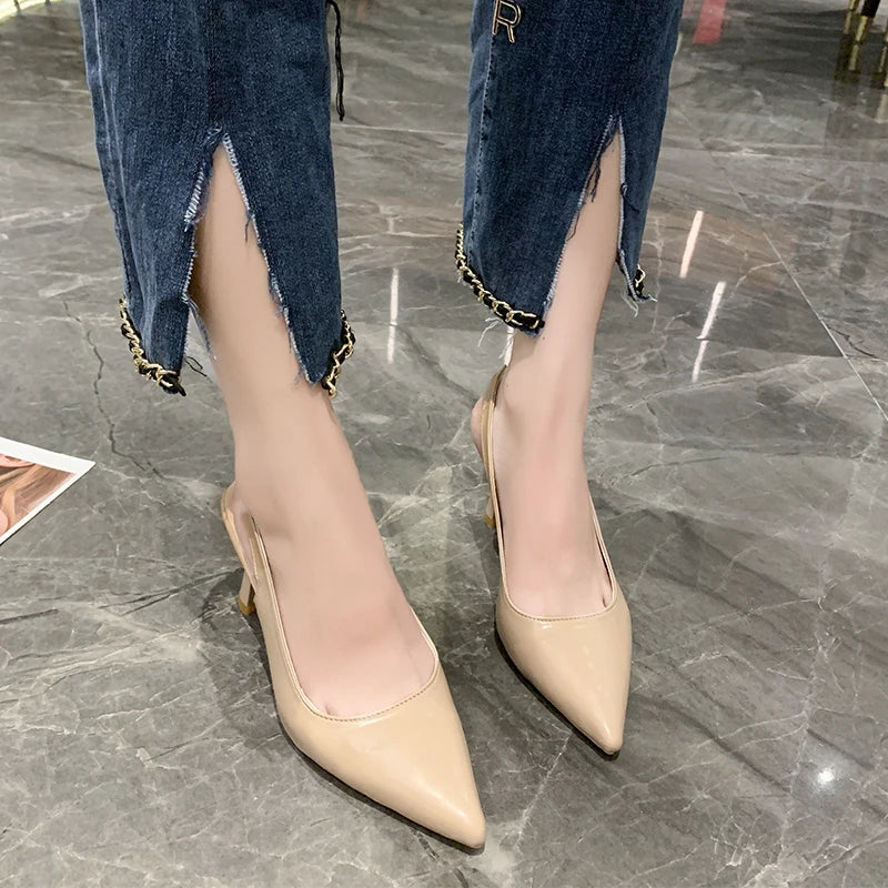 Summer Fashion New Pointed Toe Stiletto Heel Shallow Mouth Breathable PU Comfortable and Elegant Women's Shoes Sexy Sandals