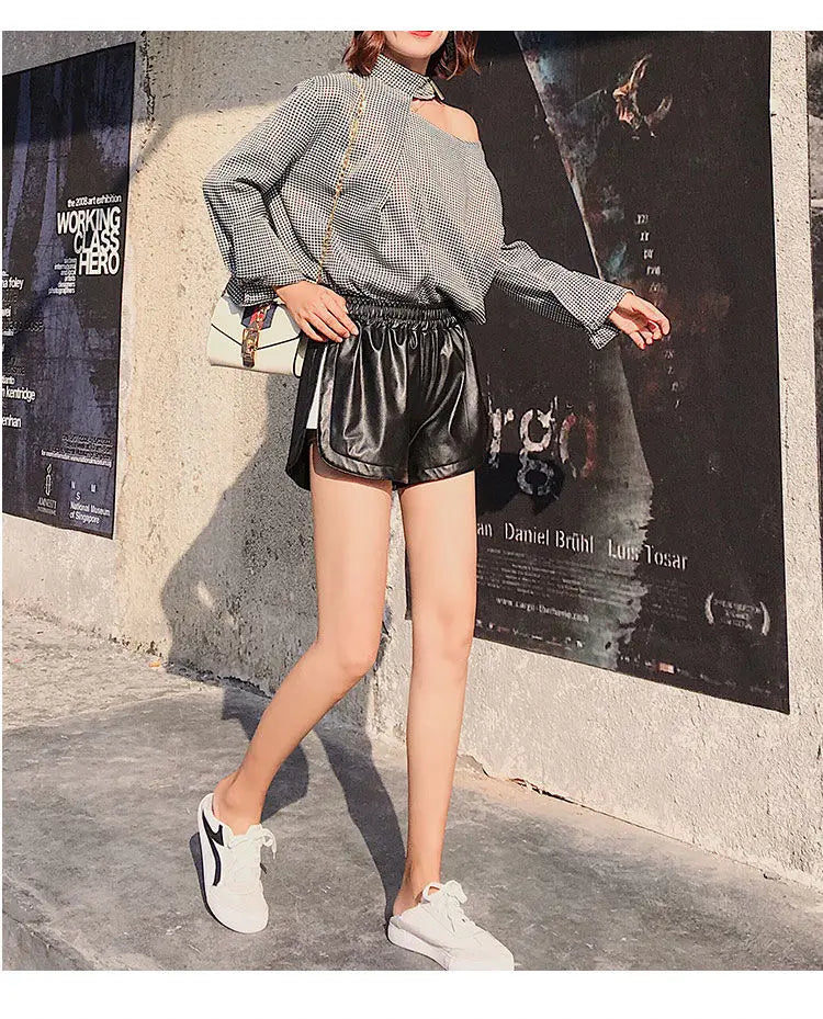 Shorts Women Ulzzang Chic Elastic Waist Pockets Loose Simple Pure Black Trendy Ins PU Leather Fall Casual 3XL Female All-match