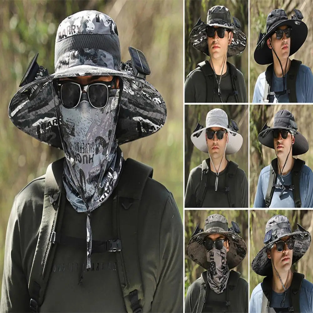 Men Fisherman Hat With 2 Solar Fan Windproof Strap USB Charging Anti-UV Large Brim Fan Sun Hat Sunlight Protection Fan Cap