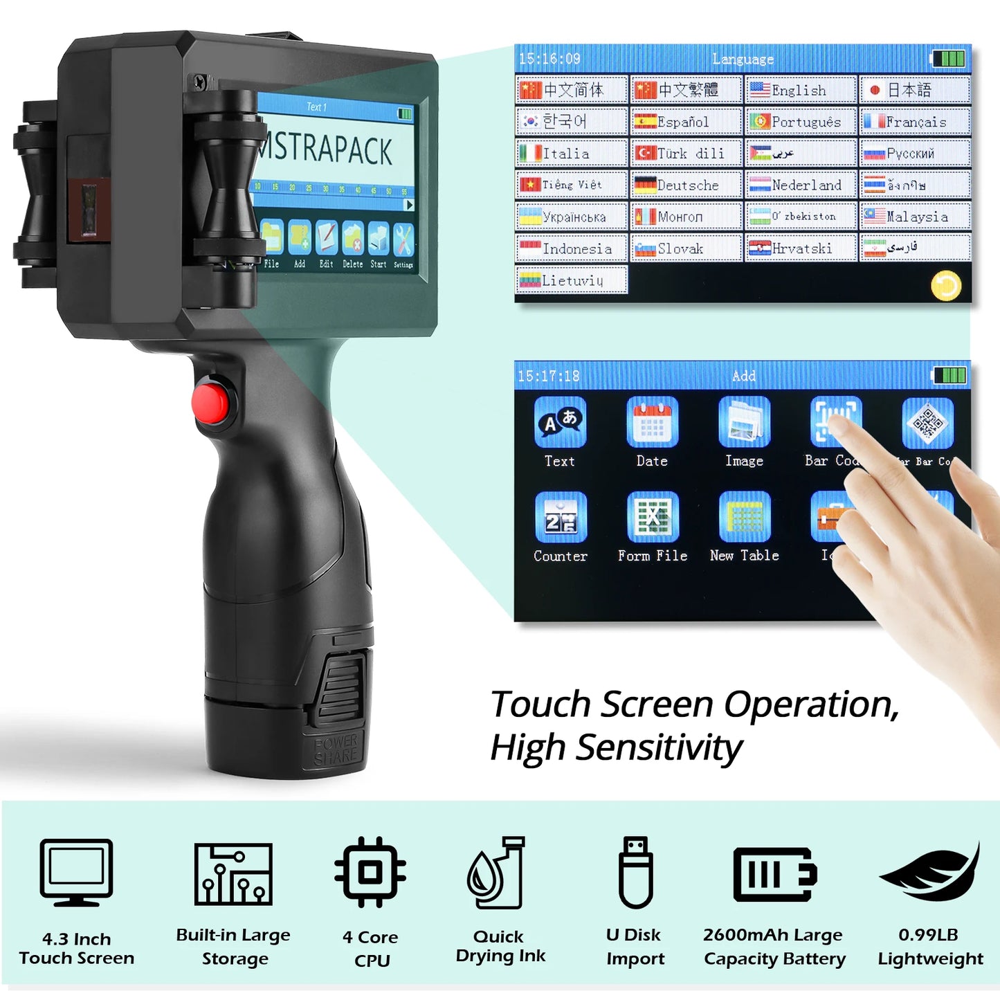 Non-encrypted Handheld Inkjet Printer Gun  12.7mm with Fast-Drying Ink for Text QR Barcode Batch Number Logo Date Label Printer