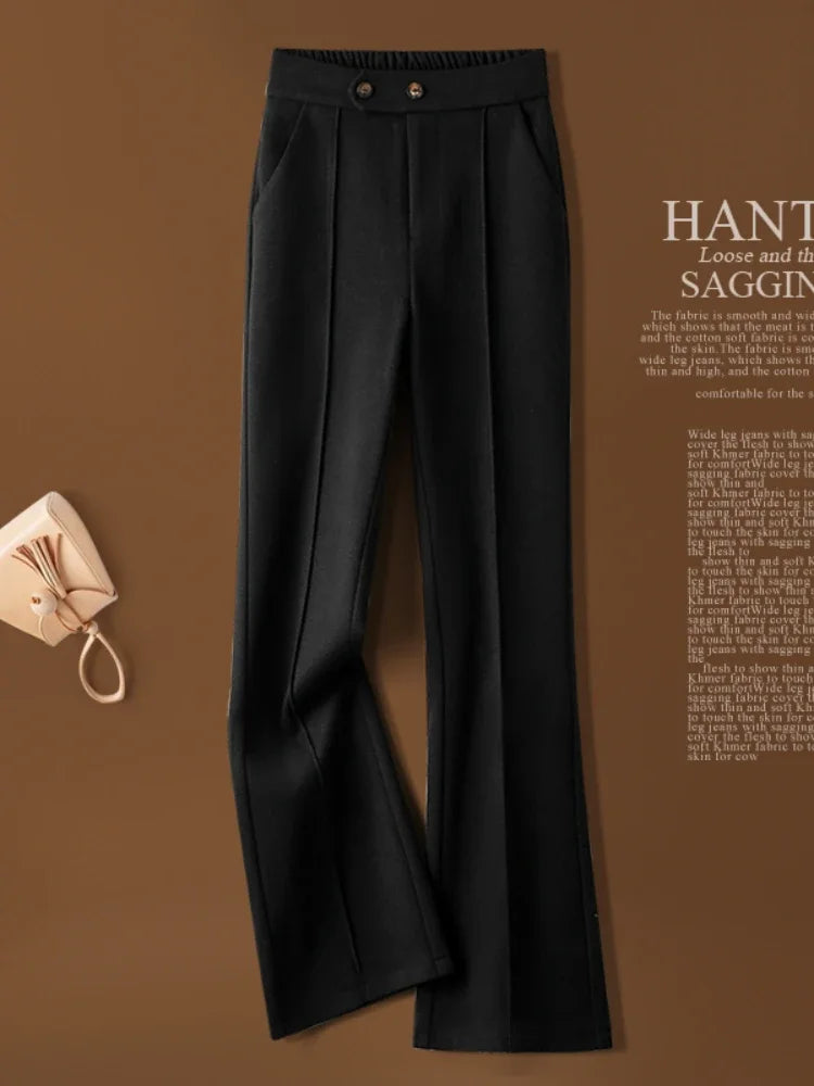 Herringbone Woolen Women's Pants Autumn and Winter 2024 New Elastic Waist Flare Pants Fashion Warm Comfort Black Trousers Women