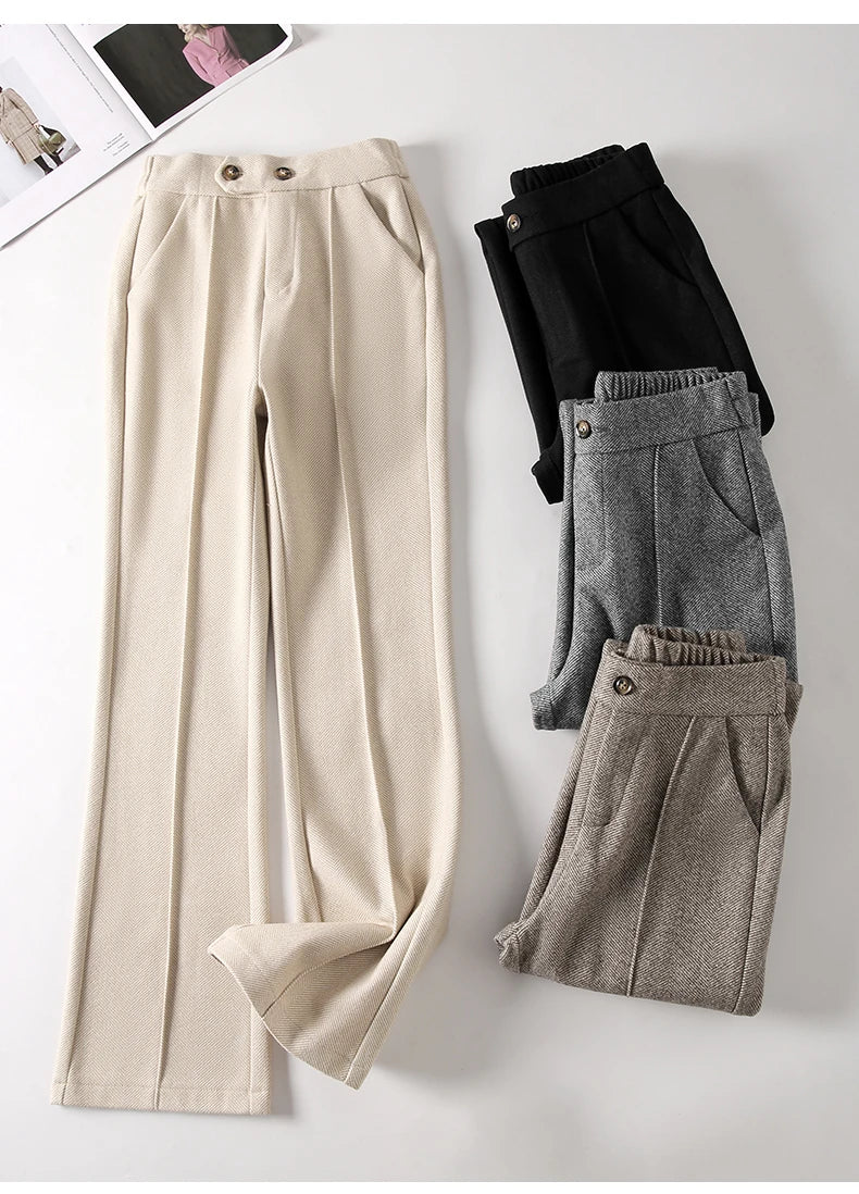 Herringbone Woolen Women's Pants Autumn and Winter 2024 New Elastic Waist Flare Pants Fashion Warm Comfort Black Trousers Women