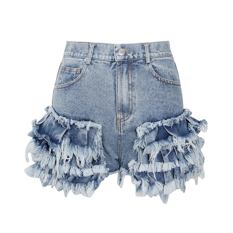 CHICEVER Casual Blue Shorts For Women High Waist Patchwork Ruffles Pockets Asmmetrical Slim Short Pant Female 2021 Summer New